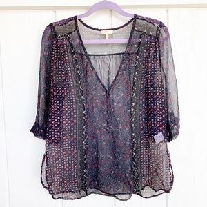 Joie 100% Silk Black Blue Sheer Blouse S